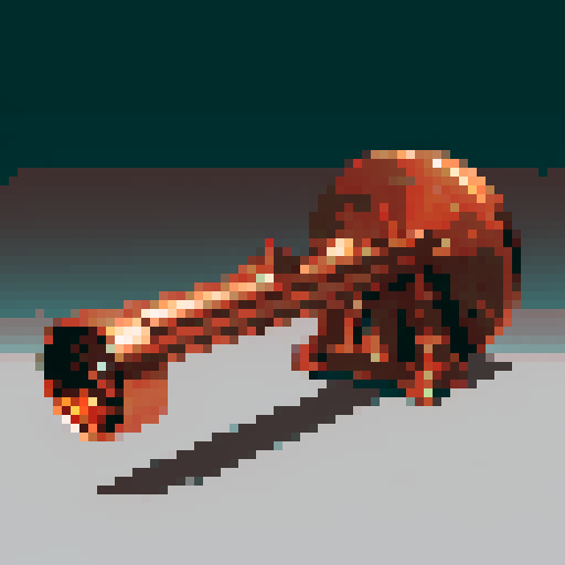 I want a copper rotary machine gun viewed from from the side. I want this object usable an asset in a videogame, meaning only one object per image, outlined with a strong black stroke, on a solid-color background.