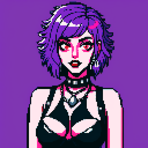 curvy, busty goth girl, purple hair, black eyeshadow, red lipstick, bikini, studded collar, sexy seductive glamour shot, vibrant sRGB colors, pixel art, edgy aesthetic