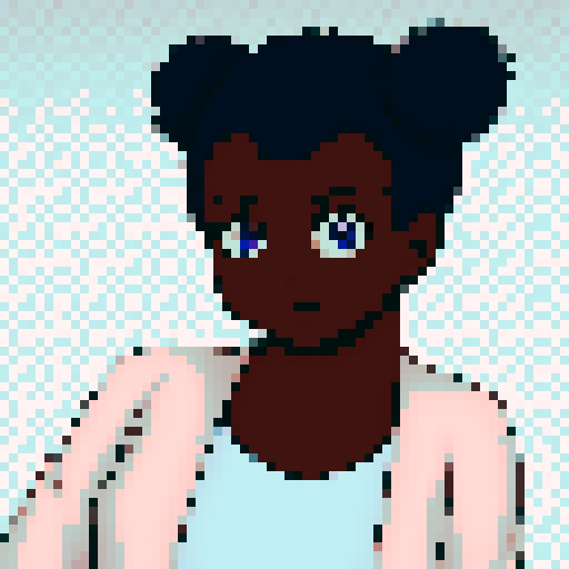 Teenage black girl with navy blue hair and purple eyes