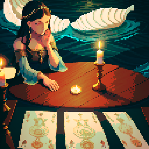 A close-up of a woman's hands over a table during a tarot card reading in a medieval dark style. The table is adorned with elements of the ocean such as sea shells, sand, and small pieces of coral. The atmosphere is mystical and dimly lit, with candlelight casting shadows that enhance the eerie and magical mood. The woman's hands are gracefully poised over the cards, which also have oceanic designs like waves and mermaids. With a dark ambient light.