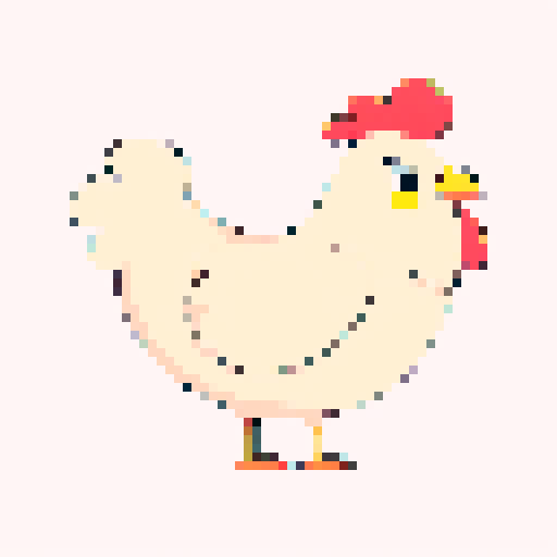 sideview of a sad chicken with pixel art style, small beady eyes, drooping wings, vibrant yellow feathers, and an expression of sorrow