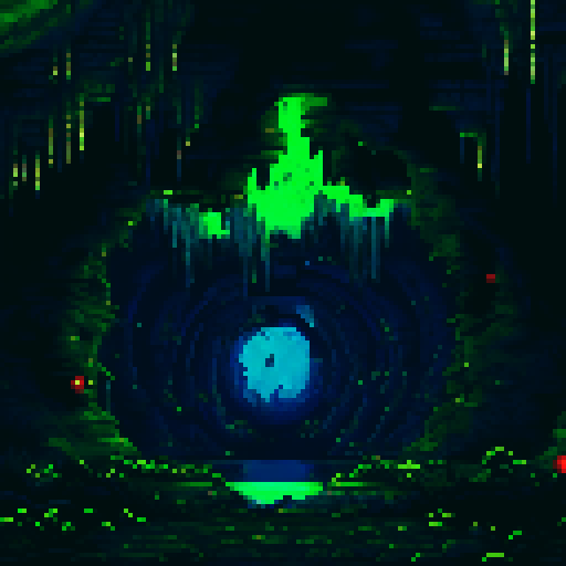 a dark, foreboding underground mine on an alien planet. Ancient machinery intertwines with the rock and glowing crystals. 