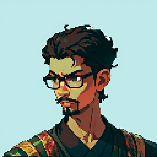 Southeast Asian man, short curly hair, round glasses, tanned, goatee, diamond shaped face, black eyes, wearing a robe