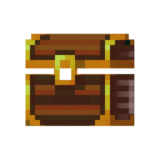 treasure chest icon, 32x32 pixels, minecraft style, dark brown wood with golden lock, thick black outline, simple pixel art, flat colors