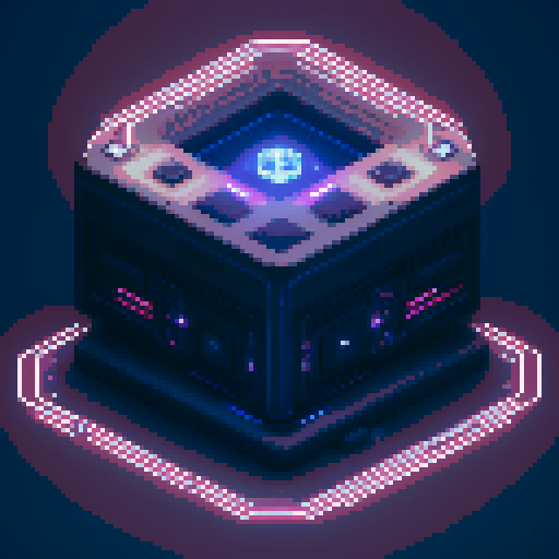 futuristic 4 tier lootbox, glowing buttons, silver box center, intricate details, pixel art style, sRGB