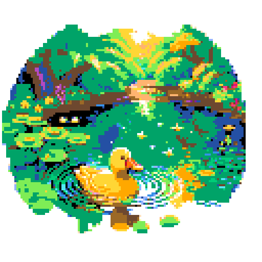 yellow duck in a pond, surrounded by lush greenery and reflecting sunlight in a serene pond with shimmering ripples and pixelated waves, creating a tranquil atmosphere in a picturesque landscape with vibrant colors using intricate pixel art in the sRGB palette