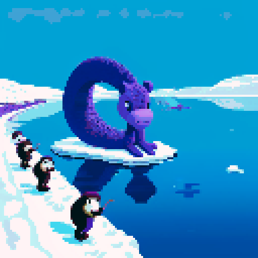 Large purple smiling loch ness dinosaur, frozen lake, winter, monkey on top