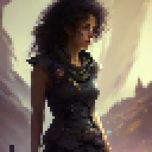 Curly-haired girl in black sleeveless top and skirt strikes a pose in a fantastical RPG world, surrounded by mythical creatures and grandiose architecture, depicted in stunning concept art.