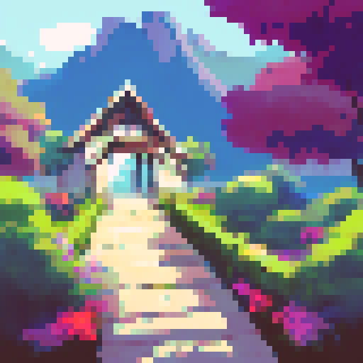 Modern house entrance with tall, leafy tree on the left side, rocky path leading to the main door, towering mountain range in the distance; landscape portrait with a touch of realism.