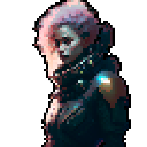 bold, fierce, yet slightly adorable humanoid creature with a semi-profile, featuring glowing eyes, and flowing, ethereal hair, no background