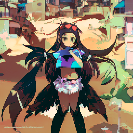 Double ponytail-clad beach babe rocks a bold, bright swimsuit with an attention-grabbing tropical print against a backdrop of crashing waves and palm trees, all rendered in vibrant anime style.