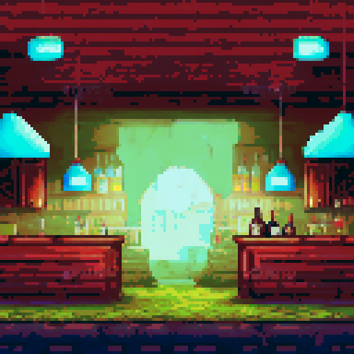 noir 24-bit pixel art game about a bar. Noir bar, there is a bartender, a wall with bottles, like game from 90's, style of cave story