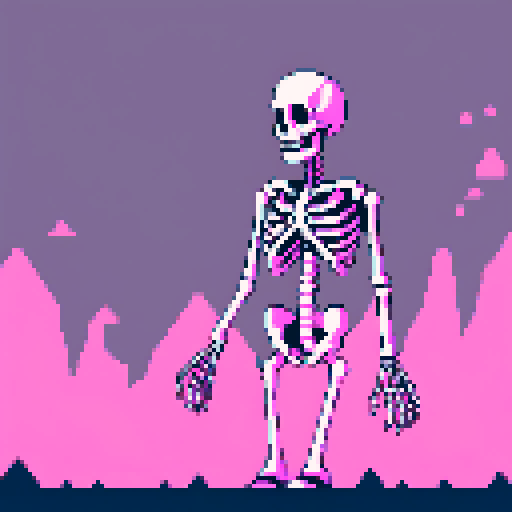 Monotone skeleton, minimalistic pixel art, sRGB colors, bony fingers reaching out, glowing eyesockets, intricate pixelated ribcage, sharp angles, contrasted shadows, jagged lines, subtle shading, eerie atmosphere