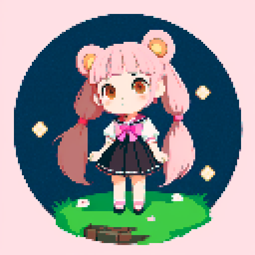 This image features a stylized bear inspired by ghibli, in a chibi art style. The bear has, expressive black eyes and a cute, pink skin. The hair is styled in long twin pigtails, accented with pink and gold ribbons, matching the color theme of the outfit, which includes a sailor-style collar and a pink bow. The background depicts a wild magic night with shining stars and a dark waterfall. This is a typical example of how popular anime characters