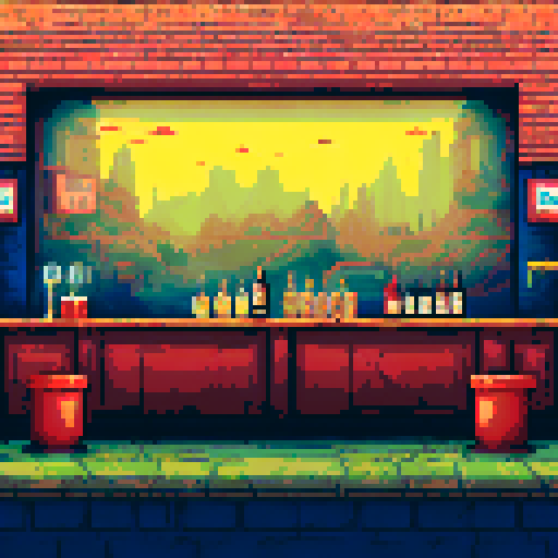noir 24-bit pixel art game about a bar. Noir bar, there is a bartender, a wall with bottles, like game from 90's, style of cave story