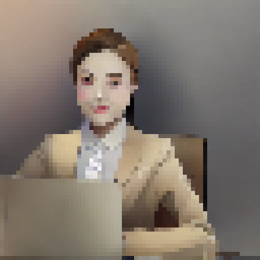 "Stylish girl in modern office blends landscape and portrait art styles in her design, surrounded by sleek technology and vibrant colors."