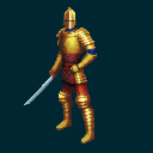 pixel art picture of a human male knight, great sword with both hands, attack, vibrant colors, detailed shading, and smooth lines, heavy armor, combat stance, muscular build, armored helmet, deep red and gold armor, detailed sword, hilt, detailed shading, smooth lines