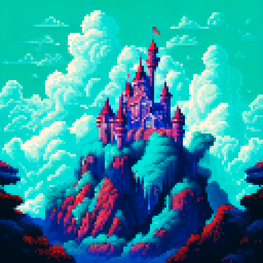 Make a fantasy themed castle in the mountains with a looming storm on the horizon