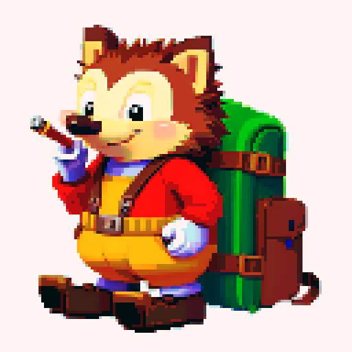 antropomorphic smiling hedgehog with travellers backpack and smoking pipe