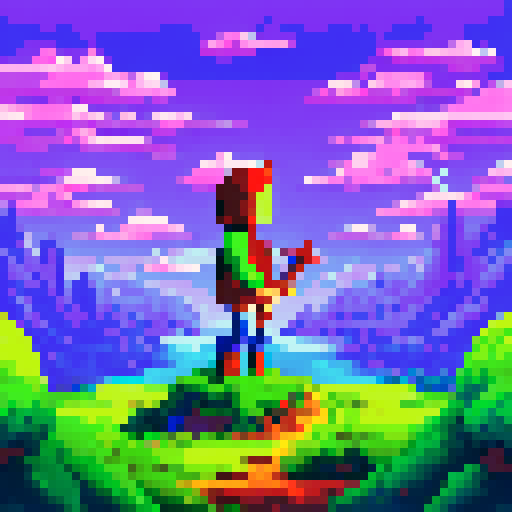 Tall, slim swordfighter with a fluid stance, standing upright in a 64x64 pixel sideview, donning fresh green colors and surrounded by grassy/forest features, ready to strike with a pixelated sword