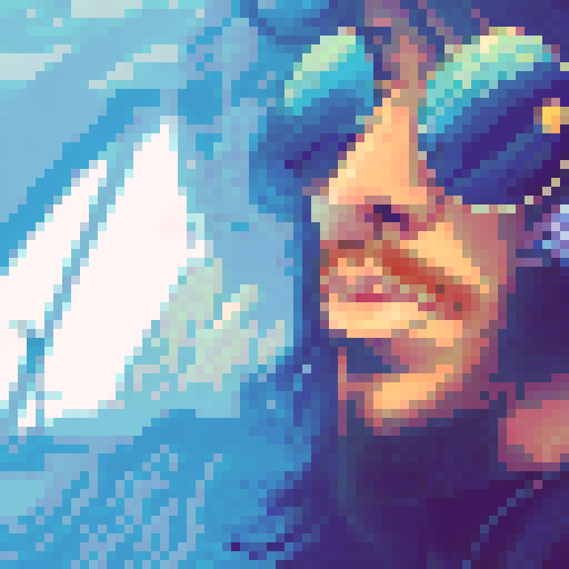 long-haired, eccentric, artistic man with vibrant, neon-colored locks, wearing retro, round sunglasses, against a pixelated, sRGB background depicting a surreal, dreamlike landscape