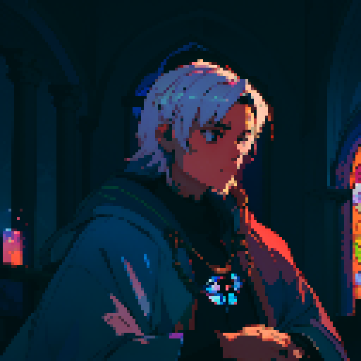 Priest, stained glass windows, vibrant colors, ornate robes, pixelated halos, illuminated Bible, candlelit altar, mosaic patterns, religious symbols, low resolution, retro aesthetic