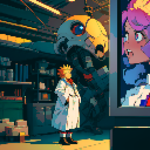 fat mad scientist, facing left, full-body image, exaggerated features, pixelated details, robot workshop backdrop, sRGB color palette