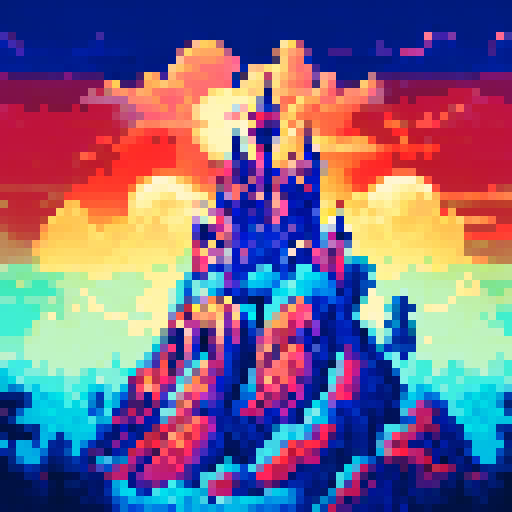 Medieval castle, towering under a dark, ominous sky, surrounded by a misty forest