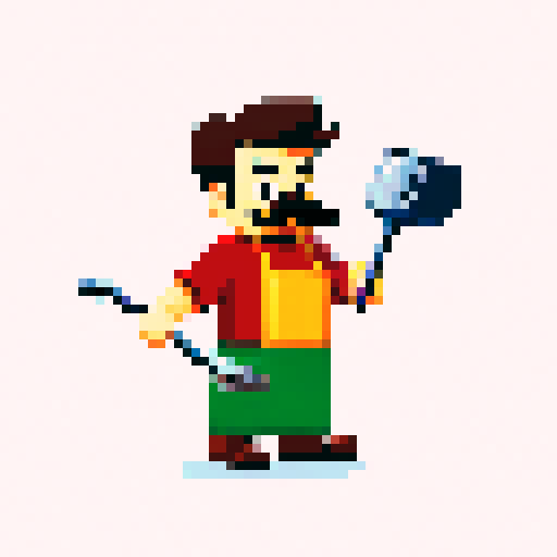 Cooking chef character with a moustache sprite for a 2D plateformer video game with a frying pan in his hand
