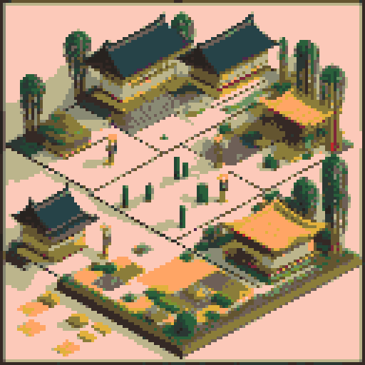 muromachi feudal japan minimalist city tileset with seamless repeatable tiles for buildings and walls and assets including woven baskets, sake containers, banners, and other traditional decorations