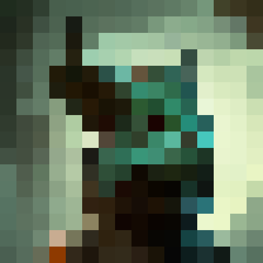 Angry bull charging forward with sharp horns, fierce eyes, and drooling mouth captured in a 16x16 pixel art close up portrait for a game icon.