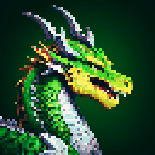 dragon, regal, crown, majestic, green silver accents, intricate embroidery, game icon, 32x32 pixel art, sRGB, skill art, close up, portrait