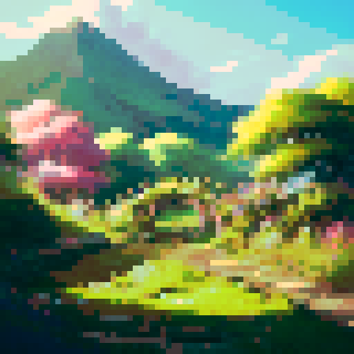 rolling hills, vibrant green meadows, winding cobblestone paths, quaint thatched cottages, blooming wildflowers, white fluffy clouds, a babbling brook, a wooden footbridge, grazing sheep, a majestic oak tree, a golden sunset