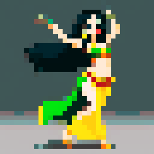 Beautiful cartoon belly dancer with long black hair
