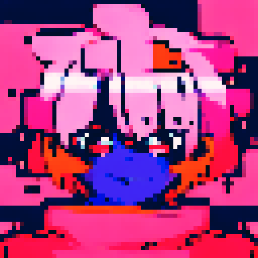 Pixelated anime hacker girl stares straight into the screen, her neon pink hair glowing against the dark monitor in a mesmerizing character portrait.