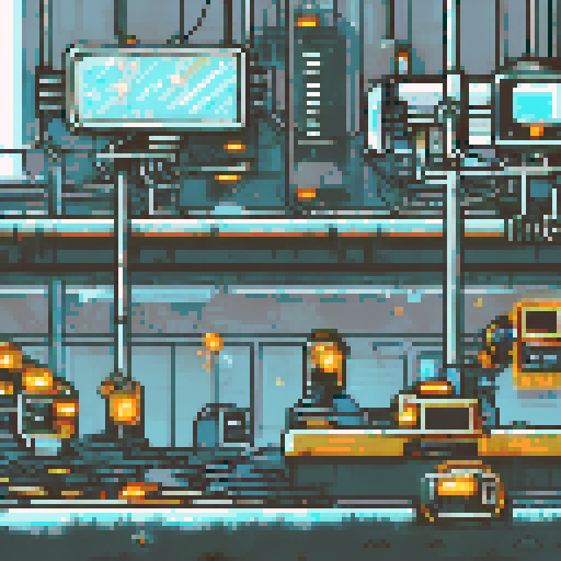 Run-down, apocalyptic atmosphere with dilapidated machinery and sparks flying in a pixel art, sRGB, background landscape of a Futuristic robot factory Towering metal structures and cracked concrete floors create an eerie ambiance, illuminated by flickering neon lights Rusty conveyor belts and broken windows reveal shattered glass, while discarded robot parts lie among overgrown vines Eerie shadows dance across abandoned control panels, with parallax effects adding depth to the scene