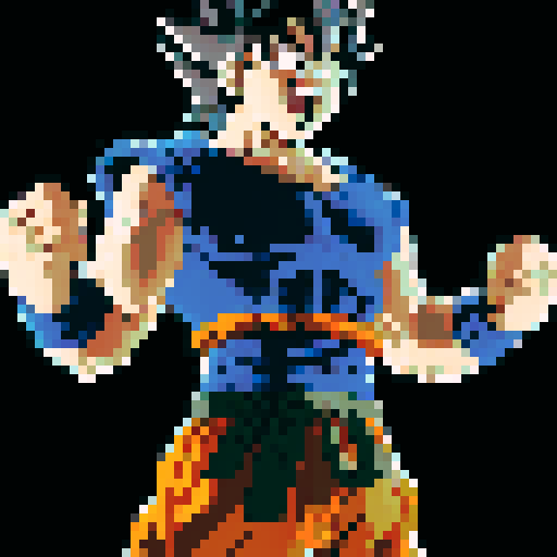 Create a 60x60 pixel art of Goku, with accurate features: spiky hair, orange and blue suit. It should mimic the anime’s style, resembling classic 8-bit video game art and be highly recognizable. Make it as detailed as you can to fit withing 60 pixels by 60 pixels should look like snes graphics.
