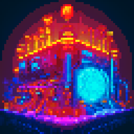 retro-futuristic excavation building, game icon, 32x32 pixel art, sRGB, skill art, close up, portrait, vibrant colors, glowing neon lights, weathered metal surfaces, towering smokestacks, mechanical gears, steampunk elements, futuristic machinery, intricate circuitry, holographic displays, pulsating energy sources
