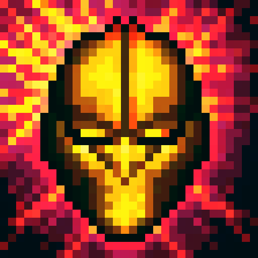 Metallic knight helmet with golden details, surrounded by fiery orange and yellow flames, in a close-up portrait style perfect for a skillful 32x32 pixel art game icon in sRGB color