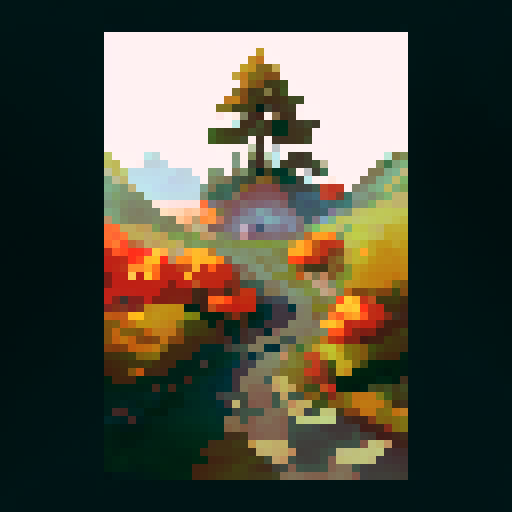 wooden sign, road expand into maple mountain. realistic sunrise casting light