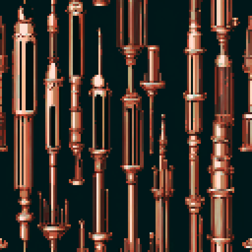 I want a tall vertical copper structure reminiscent of a organ pipe. It should have strange mechanical details that could interlock with each other. I also want this object usable an asset in a videogame, meaning only one object per image, outlined with a strong black stroke, on a solid-color background.