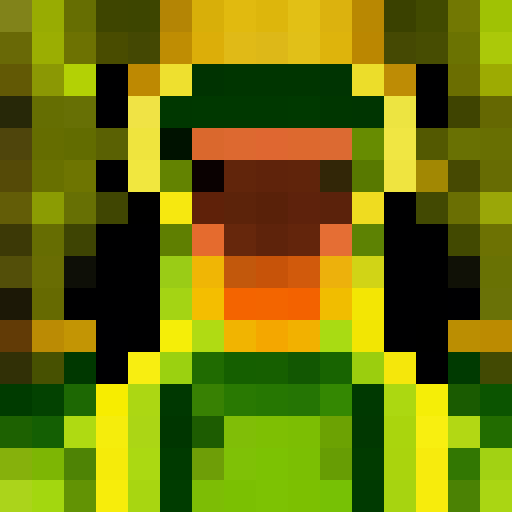 Green-hatted archer, poised with bow and arrow, stands in a mystical forest surrounded by towering trees, their leaves shimmering in the golden light of sunset, all captured in a stunning 16x16 pixel portrait.