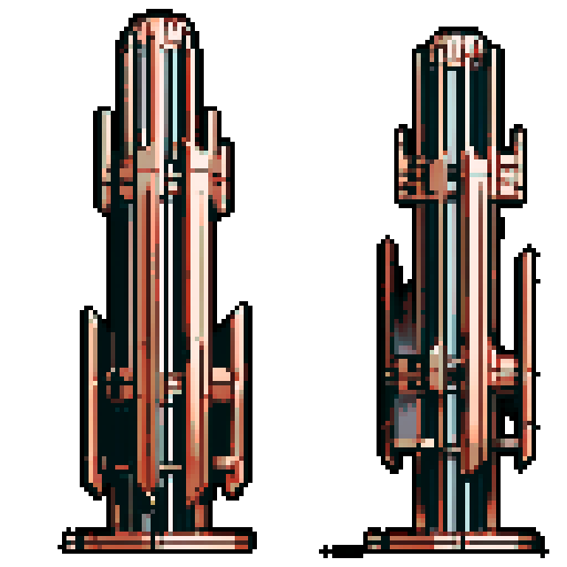 I want a tall vertical copper structure reminiscent of a organ pipe. It should have strange mechanical details that could interlock with each other. I also want this object usable an asset in a videogame, meaning only one object per image, outlined with a strong black stroke, on a solid-color background.