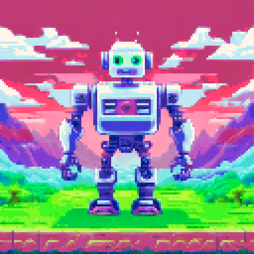 Robot with metallic silver body and glowing red eyes, standing on a grassy bank with pink and white cherry blossom trees in the background, smiling with a square wave mouth in a retro pixel art style