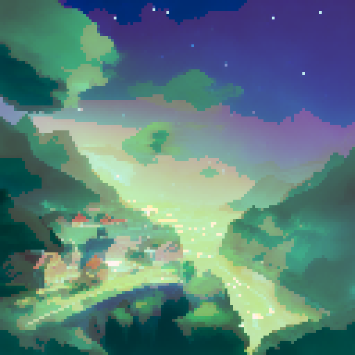 beautiful dramatic aurora borealis over an adorable town at night by Miyazaki