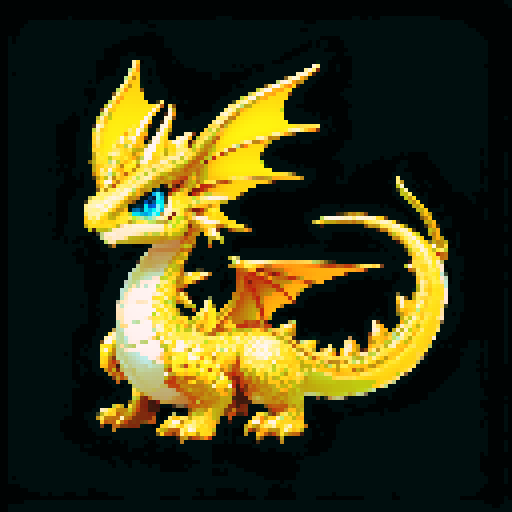 A radiant dragon with golden scales that shimmer like the sun. It has a majestic, glowing aura and bright, shining eyes. Its wings radiate light, and it has a noble, protective expression. No background.

