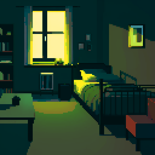 dark apartment interior at night, melancholy, depressed, lonely man's apartment, sadness, dimly lit, bare