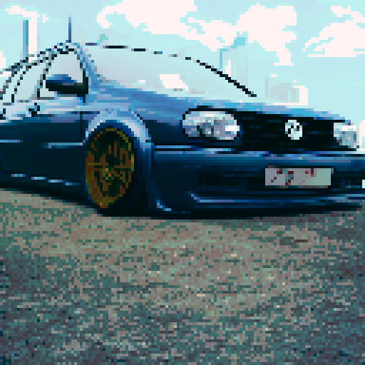 Drifting Volkswagen Golf Mk2, surrounded by towering skyscrapers and a vibrant cityscape, all rendered in a dynamic anime style.