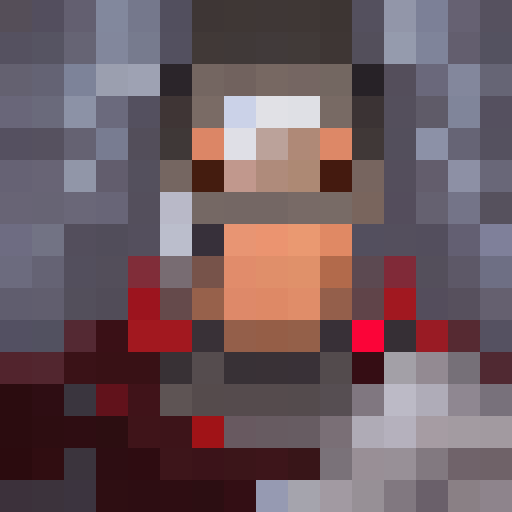 Samurai warrior with raised katana sword Sitting on bed, surrounded by cherry blossom trees, wearing a red cape, all in anime-style close-up, rendered as a vibrant and dynamic game icon using 16x16 pixel art.