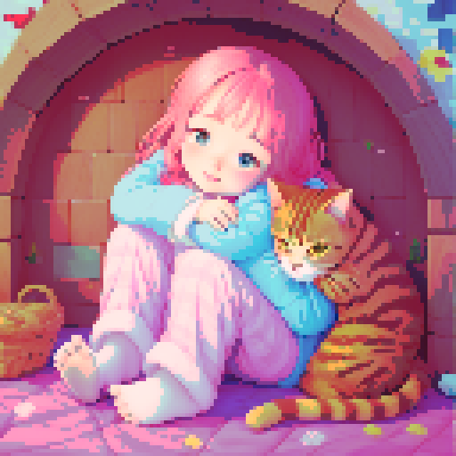girl in pajamas hugging a cat, children's fairy tale illustration, close-up